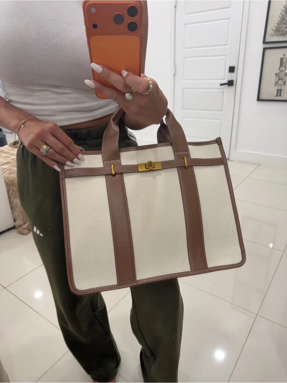 Steve Madden Cream Canvas and Brown Leather Structured Tote
